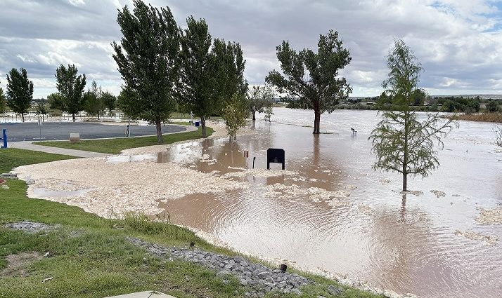 Flooding and debris at La Llorona Park in Las Cruces.